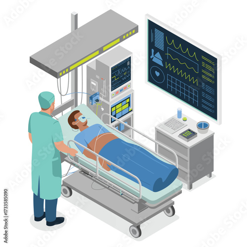 Doctor and Patient in Intensive Care Unit with Medical Equipment hospital