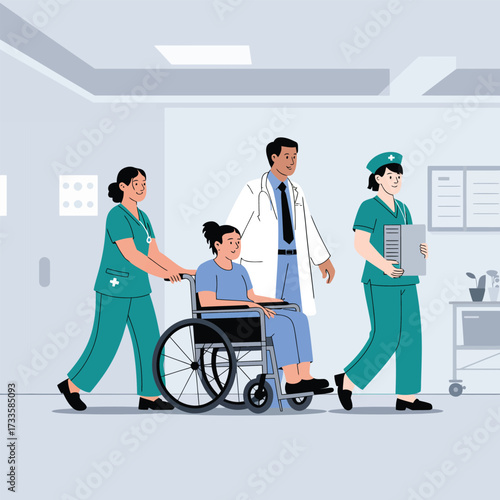 Doctor and nurses escorting patient in wheelchair through hospital corridor medical staff