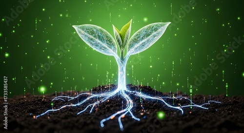 Sustainable agriculture and digital farming technology. Smart nutrient delivery and ecological monitoring. Glowing seedling with digital leaves and blue network roots in dark soil