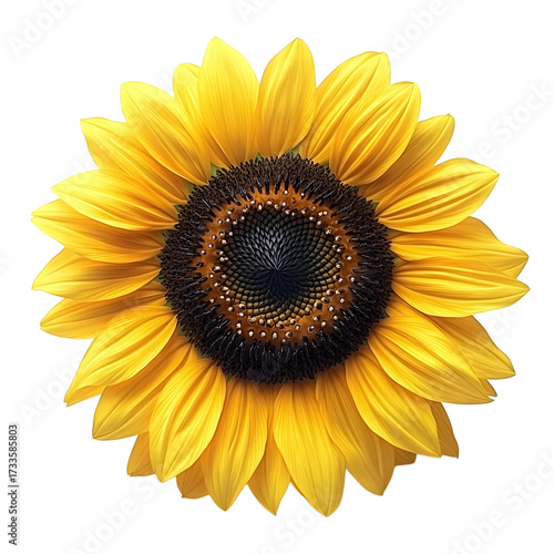 Vibrant yellow sunflower with a dark center showcasing its intricate petals and seed pattern isolated on transparent background