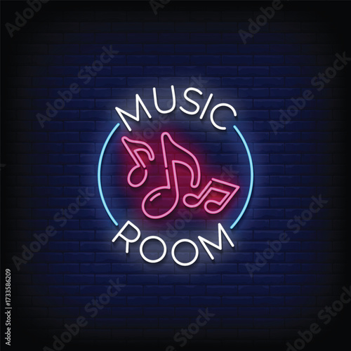 music room neon signboard with brick wall background vector