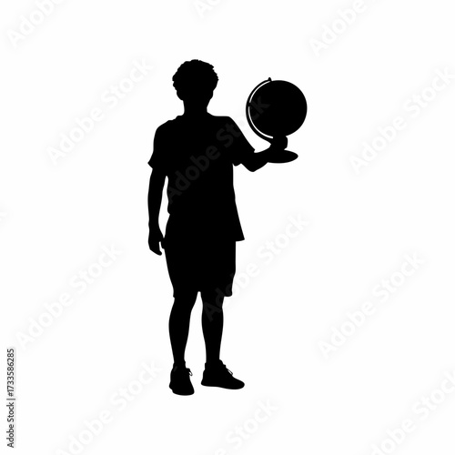 Literacy worker silhouette holding globe teaching geography basics isolated on white background