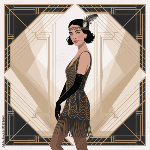 Elegant Flapper Woman in 1920s Art Deco Style with Feathered Headband fashion