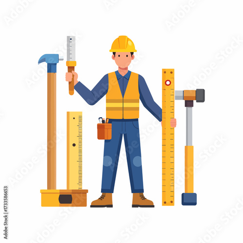Flat Design Professional Construction Worker Character and Tools Illustration