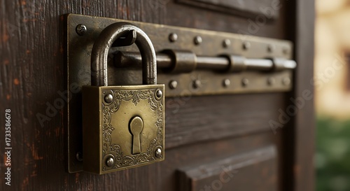 Close up of an antique brass lock and bolt on a wooden door