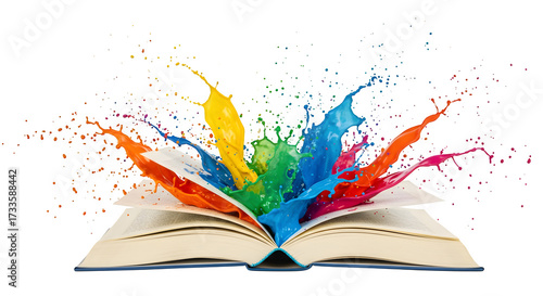 Colorful liquid bursts from an open book. Creates bright imagery for education, book covers, and digital media.