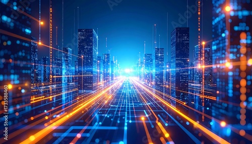 Digital Cityscape Futuristic Tech City With Glowing Lines with Data Flow.