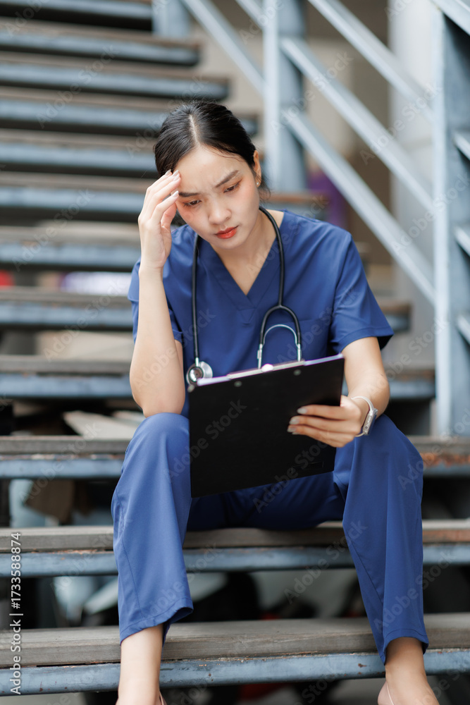 Fototapeta premium Stressed young doctor reading medical report on stairs