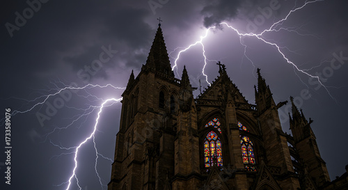 Church with lightning strikes during a storm