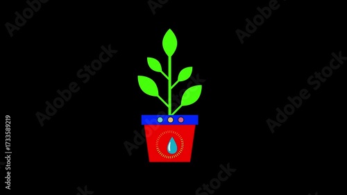 Green sprout growing in a red pot with water drop icon and blue accent