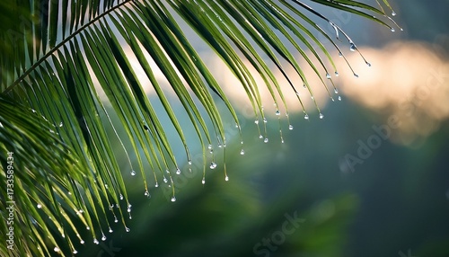 Tropical Rain Drops On A Palm Branch