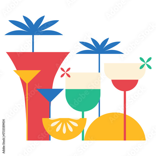 Cocktail party illustration in colorful flat style for banner, poster template. Vector isolated. Alcoholic, non-alcoholic cocktail drinks. Bar elements decoration