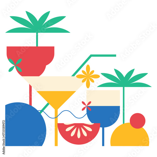 Cocktail party illustration in colorful flat style for banner, poster template. Vector isolated. Alcoholic, non-alcoholic cocktail drinks. Bar elements decoration