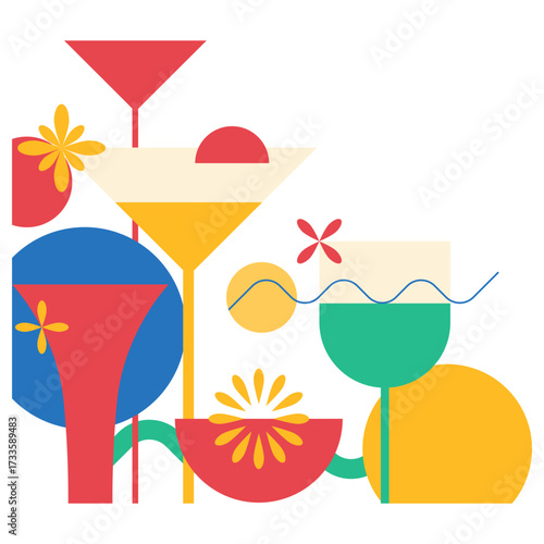 Cocktail party illustration in colorful flat style for banner, poster template. Vector isolated. Alcoholic, non-alcoholic cocktail drinks. Bar elements decoration