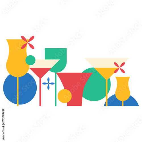 Cocktail party illustration in colorful flat style for banner, poster template. Vector isolated. Alcoholic, non-alcoholic cocktail drinks. Bar elements decoration