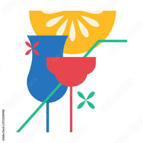 Cocktail party illustration in colorful flat style for banner, poster template. Vector isolated. Alcoholic, non-alcoholic cocktail drinks. Bar elements decoration