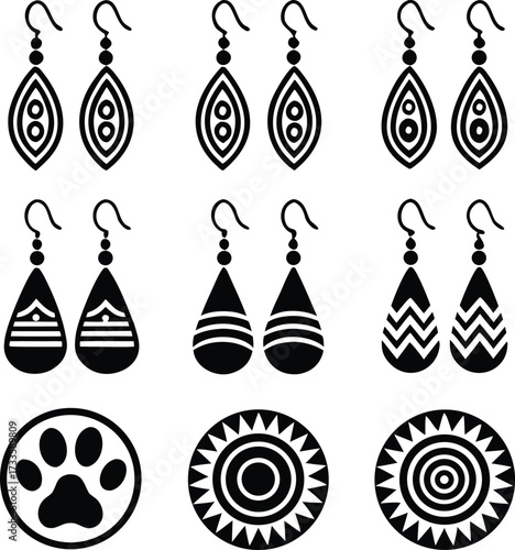 tribal, ethnic, earring, jewelry, icon, set, glyph, fashion, accessory, native, american, african, abstract, pattern, decorative, ornamental, symbol, sign, lifestyle