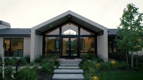 Wallpaper Mural A modern, symmetrical house with large glass windows and a manicured lawn. Torontodigital.ca