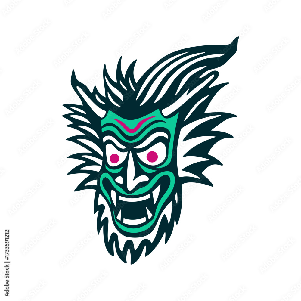 Fototapeta premium Phi Ta Khon Mask Illustration, Ghost Festival Ghost Festival Phi Ta Khon Vibrant red demon mask with wild hair and exaggerated teeth