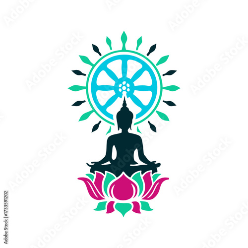 Buddha Silhouette Dharma Wheel Lotus Flower Visakha Bucha Buddhas Enlightenment Dark teal Dharma wheel encircled by lotus petals and radiating light beams