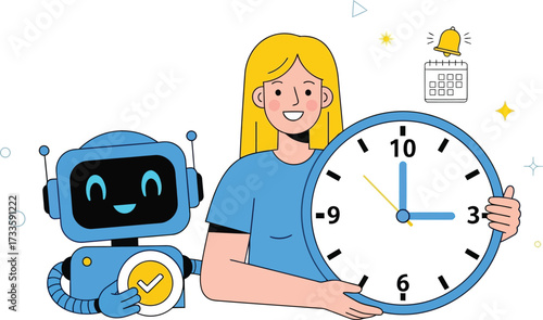 Woman and robot holding clock isolated on transparent background