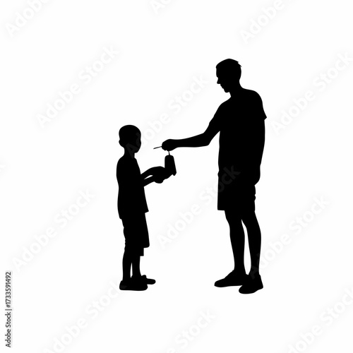 Silhouette of a volunteer distributing pens and pencils to kids isolated on white background