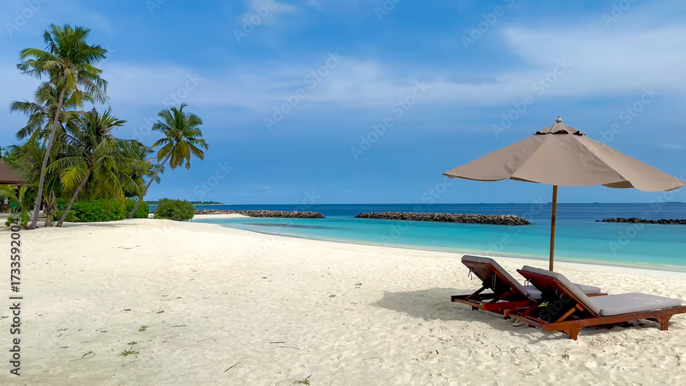 Fototapeta premium Tropical white sandy beaches, turquoise sea, palm trees and sun loungers under umbrellas