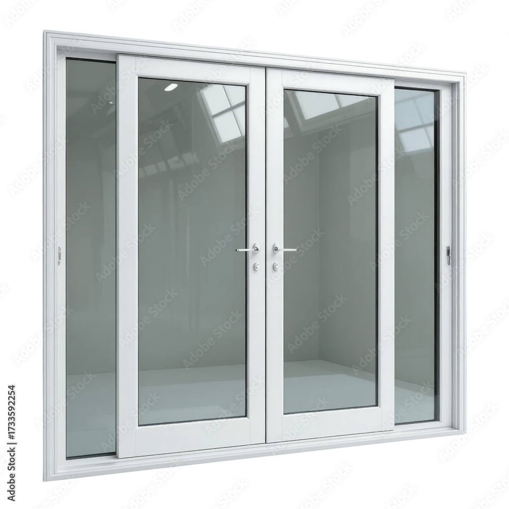 Fototapeta premium A large sliding glass door unit with two panels (one open), featuring contemporary white vinyl frames. The entire assembly is presented clearly on a clean white background, emphasizing its functionali