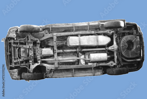 close up of overturned car pixelate grayscale color halftone dotted texture style collage element isolated on blue background