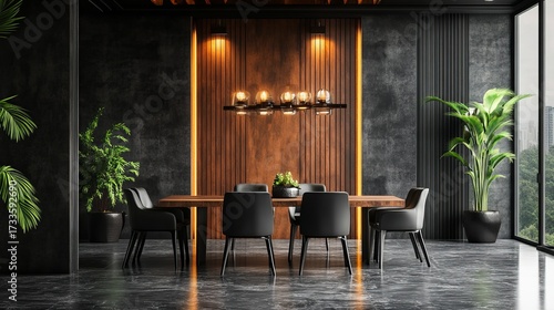 Modern dark dining room with wood accents and plants