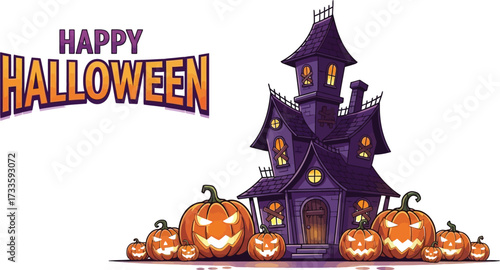 A spooky haunted house with glowing jackolanterns for a happy halloween, creating a festive atmosphere