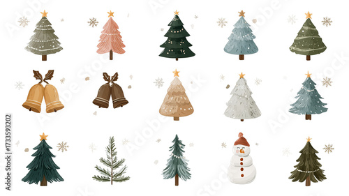 Minimalist christmas icons set pastel trees bells snowflakes isolated modern flat vector symbols soft color palette clipart for cards invitations web headers app ui stickers and holiday decor
