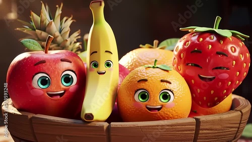 Adorable animated fruits with happy faces in a rustic basket.