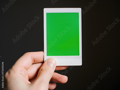 Hand Holding Instant Photo with Green Screen Image Area