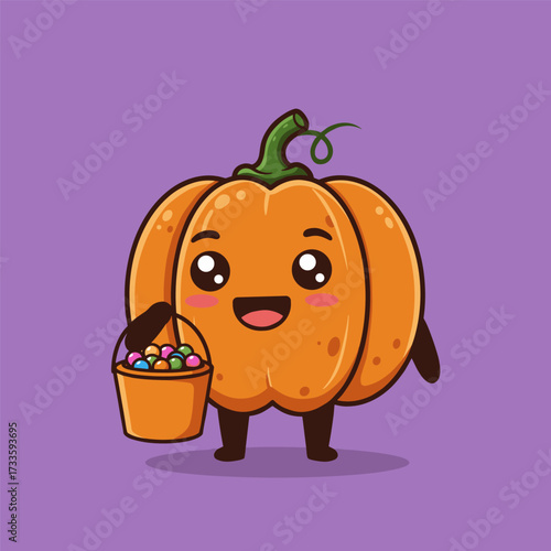 Cute pumpkin character with blushing cheeks holding a candy bucket, smiling on a purple background.