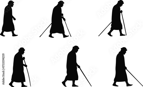 Pilgrim or monk silhouettes walking with staff and robe, religious journey, spiritual retreat, travel, black vector icons, history and devotion set

.
