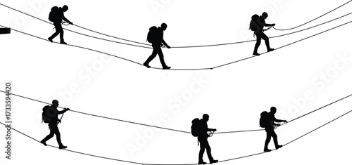 Trekker silhouettes crossing rope bridge, high wire, challenging adventure, risk, outdoor sport, mountain climbing, black and white vector icons set

.