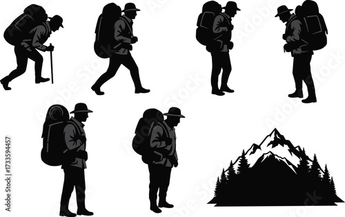 Hiker silhouettes with heavy backpacks and mountain landscape, trekking, adventure travel, outdoor recreation, black vector icons, wilderness exploration set.