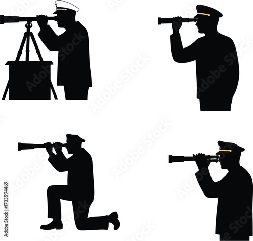 Captain or sailor silhouettes with telescope, maritime navigation, exploration, discovery, looking to sea, black and white vector icons set.
