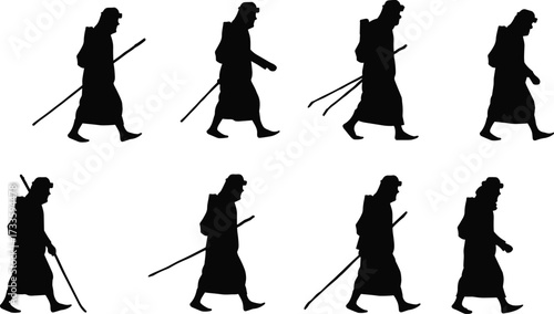 Pilgrim or monk silhouettes walking with staff and robe, religious journey, spiritual retreat, travel, black vector icons, history and devotion set

.