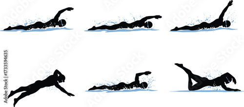 Swimmer silhouettes doing crawl stroke, freestyle, butterfly, and diving in water splash, competitive swimming, sports training, black vector icons set