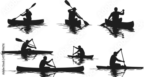 Canoeing and kayaking silhouettes, paddlers in boats on calm water with reflections, recreation, outdoor summer activity, black vector icons set

.