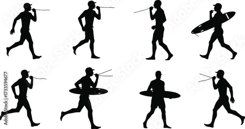 Surfer silhouettes carrying surfboards on beach, surfing, paddle boarding, water sports, recreation, summer vacation, outdoor lifestyle, black and white vector icons set