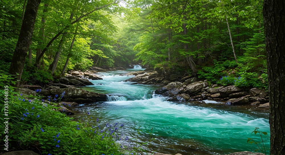 Obraz premium Tranquil river flowing through a lush green forest landscape on a sunny day adventure