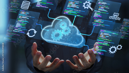 Cloud native development. Programmer developing applications for cloud computing. Cloud icon and source code illustrations.