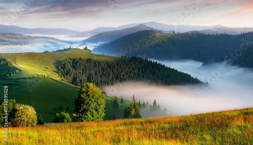 Morning Fog On Country Foothills Above Opir And Stryi Rivers And Slopes Of The Carpathian Mountains In Far Ukraine
