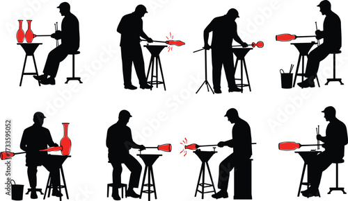Silhouettes of a glassblower crafting a hot glass vessel, depicting the artistic process and traditional artisan skill.
