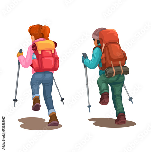 Male and Female Hiking From Backview Cartoon Illustration Vector