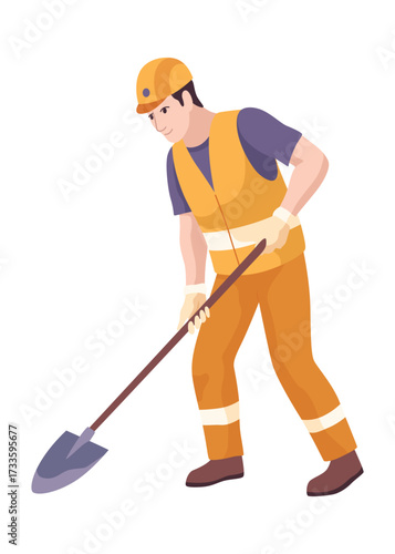 Construction Worker Digging with Shovel in Safety Gear