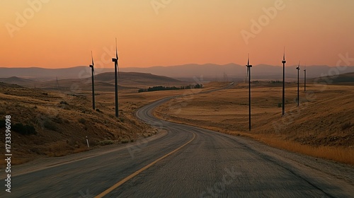 Winding road through a landscape of golden hills at dawn, wind turbines prominent on the horizon